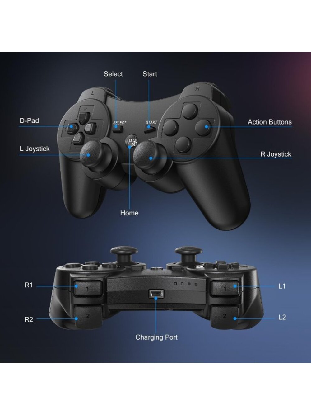 2 Pack Wireless PS3 Controllers with Charging Cables - Compatible Gaming - Picture 6 of 6